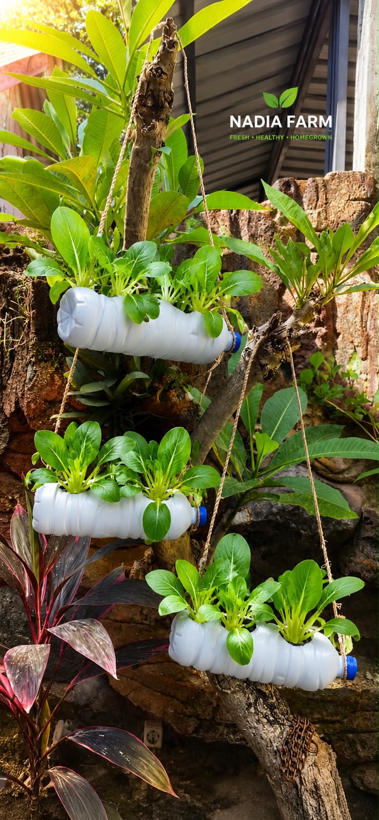 Botol wick tergantung di pohon dengan branding Nadiva Farm